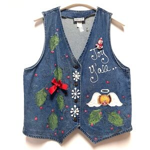 Vintage Christmas Hand Painted Denim Vest 2X Western Cowgirl Custom Holiday Art